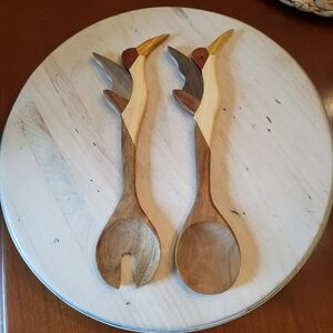 Set of Handcrafted Wooden Salad Servers Utensils Hummingbird 12 in Spoon Fork